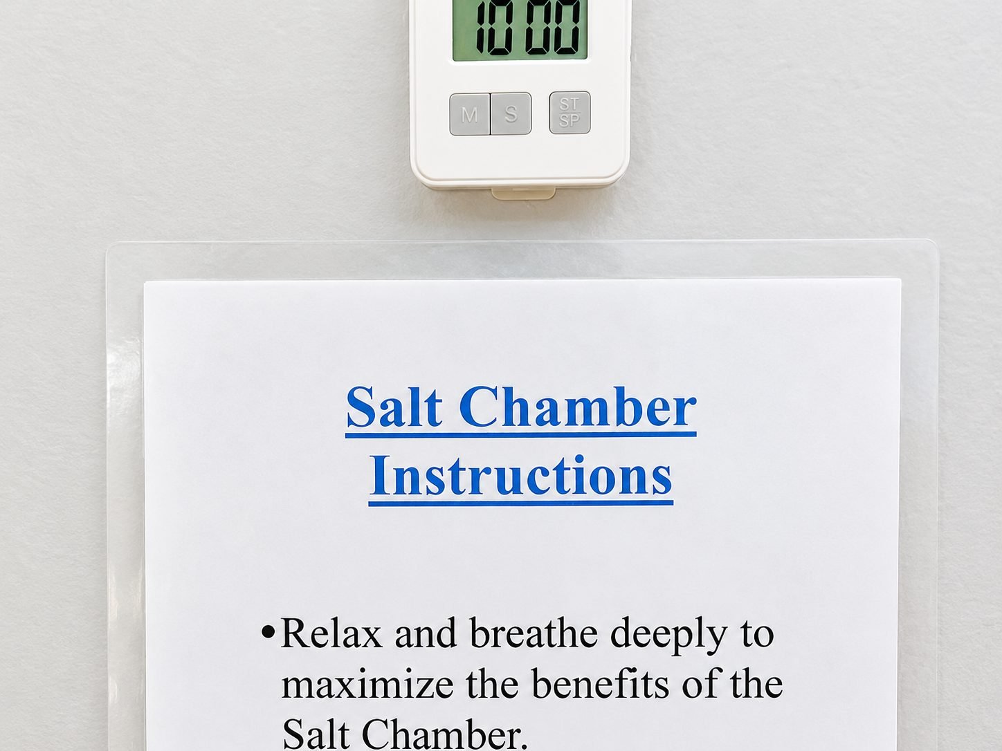 Session timer and instructions inside the salt chamber at Above & Beyond Wellness Spa