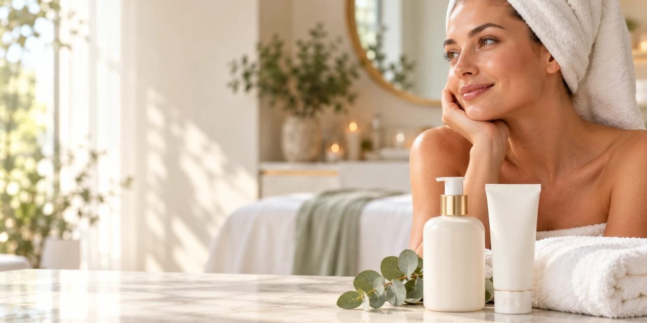 Moisturizer, sunscreen and a folded towel on a spa counter, with a relaxed woman with glowing skin behind them