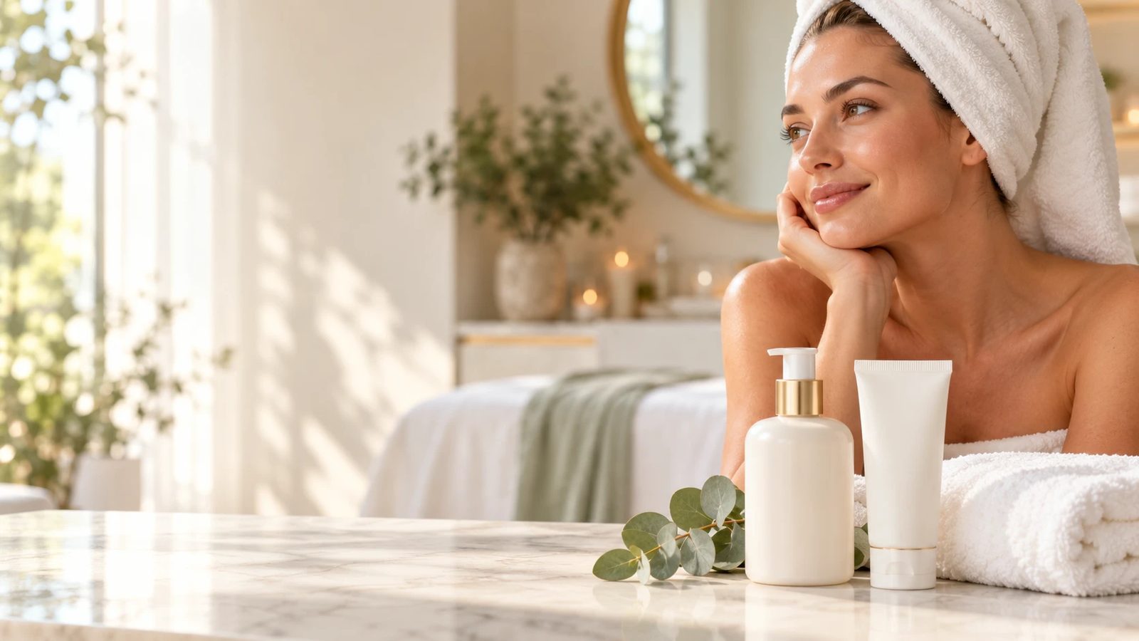 Moisturizer, sunscreen and a folded towel on a spa counter, with a relaxed woman with glowing skin behind them